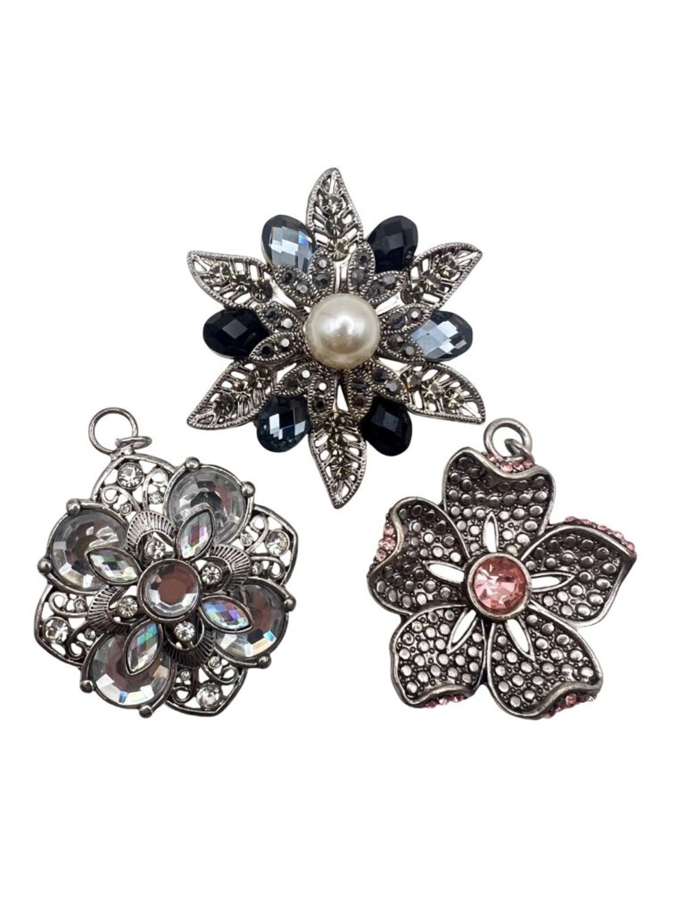 Lot 3 Silver Tone Floral Pendants Acrylic Crystals Faux Pearl Brooch Pink Blue